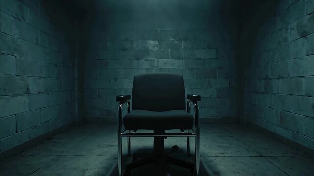 A lone electric chair stands ominously in a dimly lit, cold, stone-walled chamber, viewed from a distant perspective.