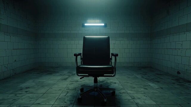 A solitary electric chair stands ominously in a dimly lit, eerie room with cold, grey concrete walls surrounding it.