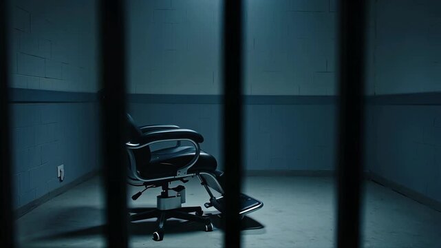 Isolated electric chair in a dimly lit prison cell viewed through dark bars, conveying a somber atmosphere