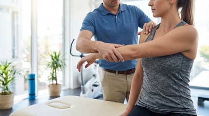 Fototapeta premium Physical therapy session, a professional is assisting a patient through an arm exercise. The scene captures the essence of healthcare and recovery.