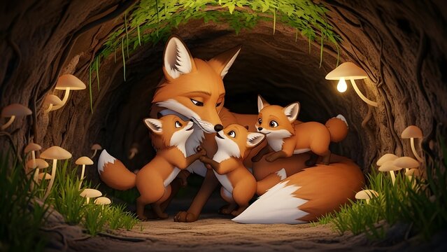 A tender and heartwarming illustration depicting a loving vixen nurturing her three adorable fox kits within the cozy, illuminated haven of their den, surrounded by magical forest elements