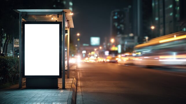 Blank vertical billboard mockup at a bus stop on a busy city street at night with motion blur traffic
