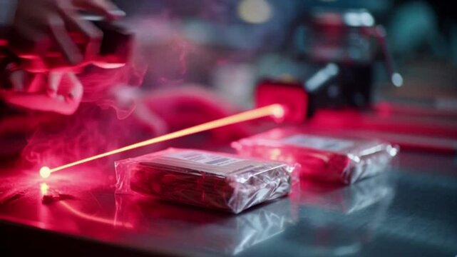 Hand scanning package with laser barcode reader in warehouse