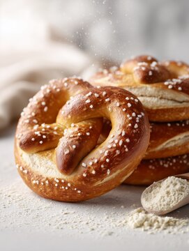 Freshly baked German pretzel with sea salt on a flour-dusted bakery table