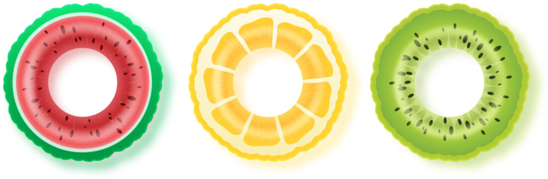 Watermelon Lemon And Kiwi Fruit Slice Pool Float Set. Set of inflatable pool floats designed as watermelon lemon and kiwi fruit slices.