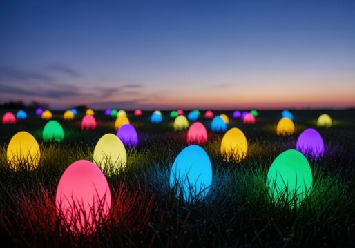 Glowing easter eggs in a serene field at dusk with vibrant colors.