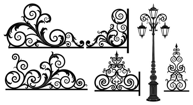 Ornate black ironwork designs featuring swirling foliage lampposts and decorative elements presented as a silhouette high quality professional detailed modern elegant