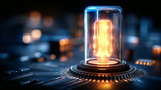 Futuristic glowing cylindrical device displayed on circuit board, intricate patterns and vibrant blue orange lighting, advanced electronics concept, with copy space