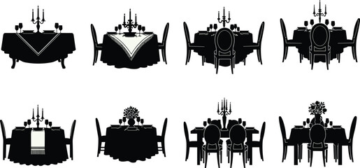 Obraz premium Dining table silhouette illustration, hospitality arrangement artwork, event planning design tribute, formal dinner graphic, restaurant service concept, celebration banquet flat vector illustration
