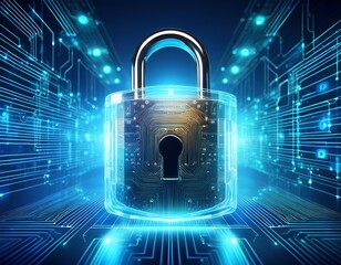 transparent digital padlock with circuit design on blue background representing cybersecurity and data protection