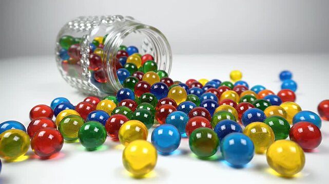 Colorful Gumballs Spill From Glass Jar In Motion.
