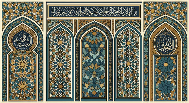 Islamic Art Panels with Calligraphy and Geometric Patterns