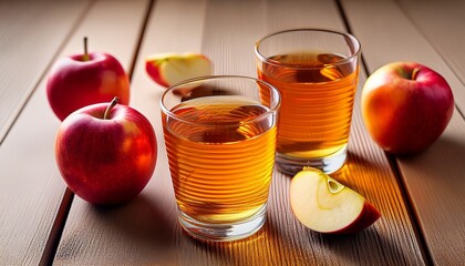 transparent glasses filled with apple cider and apple slices on a wooden surface
