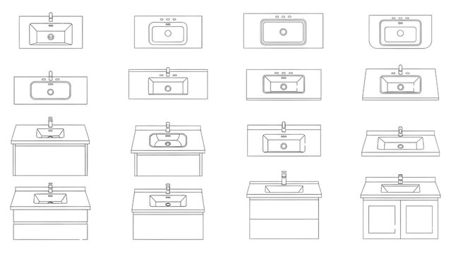 Countertop Wash Basins on Vanity Units Vector Set &ndash; Bathroom Plan View Outline CAD