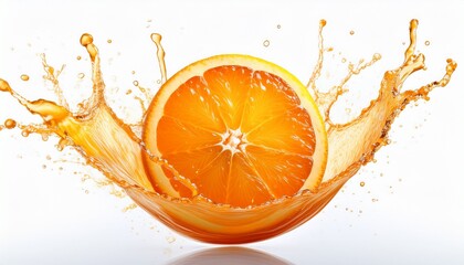round orange slice in splashes of juice isolated on white background