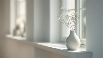 scandinavian. Minimalist Scandinavian interior featuring a single vase on a floating shelf, bathed in soft natural light. real-estate listings.