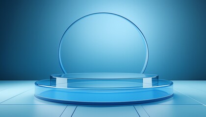 3d blue podium stand with circular glass backdrop on soft blue floor background minimalist modern interior concept for product display exhibition mockups cosmetic presentation and stylish digital