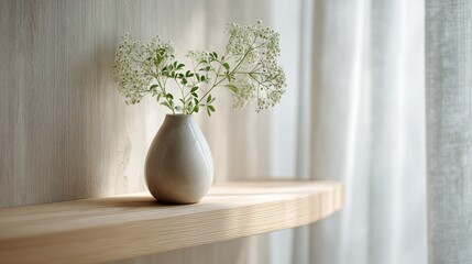 scandinavian. Minimalist Scandinavian interior featuring a single vase on a floating shelf, bathed in soft natural light. real-estate listings.