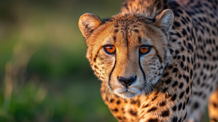 Fototapeta premium Intense close up portrait showing determined african cheetah gazing forward in warm savannah sunset light with blurred nature background