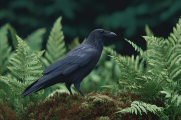 Fototapeta premium Dark blue raven perched on mossy ground surrounded by lush green ferns looking mysterious and calm in wild forest nature