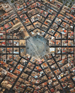 Aerial view of a city built in a distinct octagonal layout, where streets converge at a central square, Grammichele, Sicily, Italy.