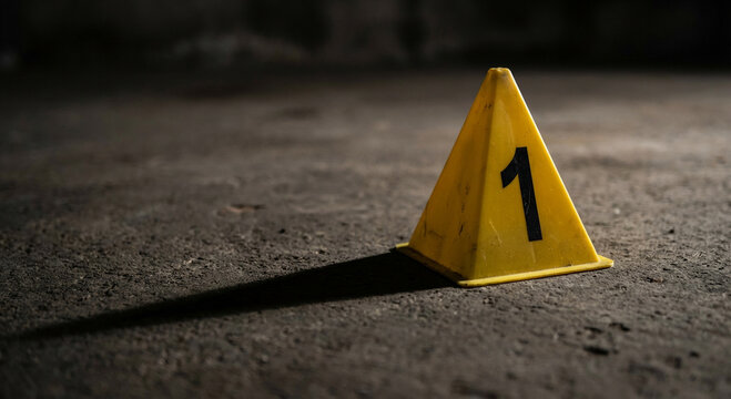 Yellow forensic evidence marker with number 1 on dark concrete floor with dramatic shadow. Crime scene investigation and law enforcement concept.