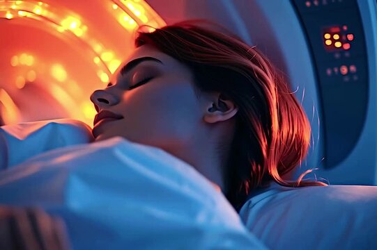 Young woman passenger sleeping peacefully inside a futuristic cryosleep chamber during a long interstellar space journey, preserving her body for deep space exploration and colonization