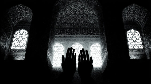 Silhouette of faithful hands raised in holy prayer inside mosque with spiritual hope worshiping god near islamic window
