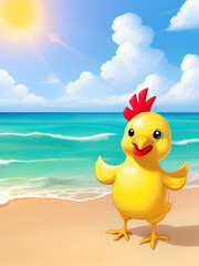 Cute cartoon chick enjoying sunny beach vacation