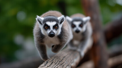 Fototapeta premium Ring-tailed lemurs leaping between rustic wooden structures inside Zoo Wroclaw Madagascar habitat, motion freeze photography, curious children observing from viewing platform, auth