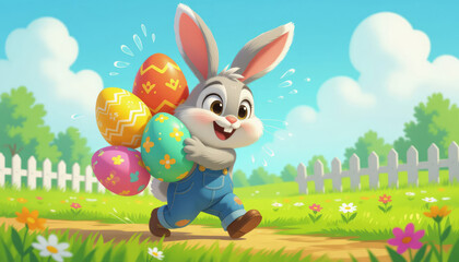 Happy cartoon easter bunny carrying colorful eggs