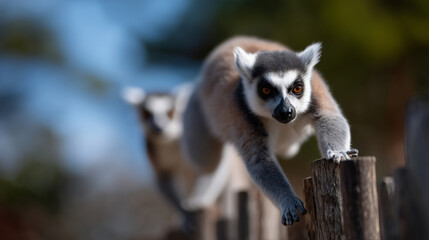 Obraz premium Group of lemurs actively climbing and jumping between wooden posts in the Madagascar exhibit at Zoo Wroclaw, energetic wildlife behavior, children pointing and smiling in soft focu