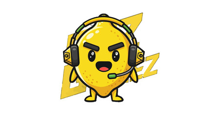 Obraz premium Angry Lemon Character Wearing Headphones and Microphone.