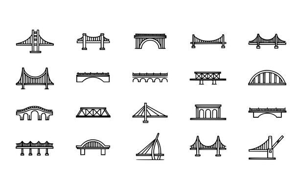 Simple bridge line icon set with suspension arch and cable stayed symbols isolated on white background
