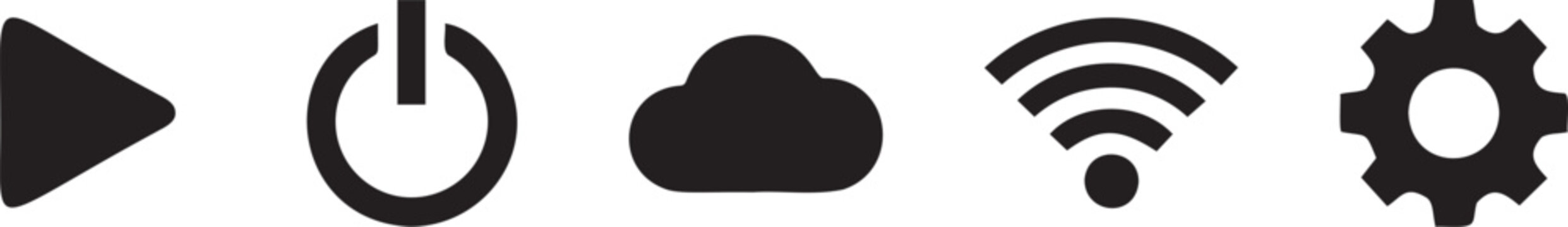 Set of common icons play button power symbol cloud wifi and gear for technology