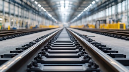 Fototapeta premium Metal railroad tracks leading through an industrial building