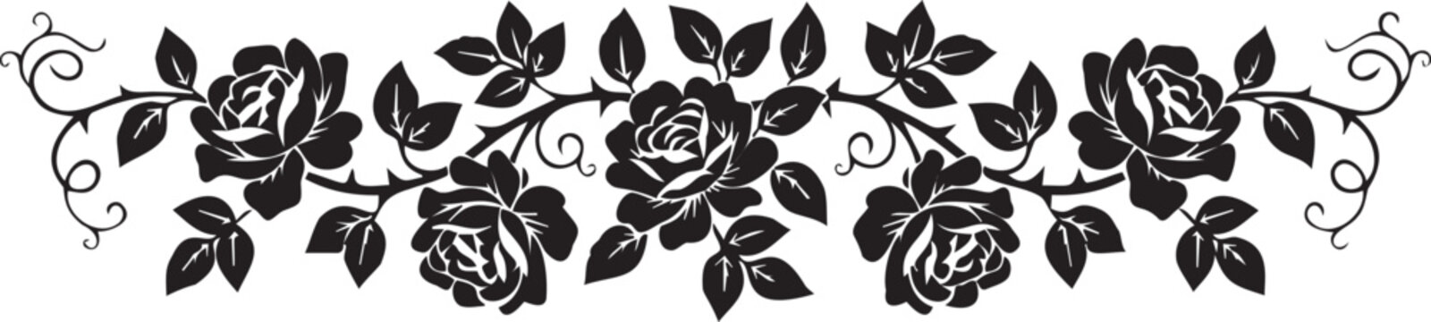 Floral rose border design with black silhouettes of blooming flowers and vine tendrils for horizontal decorative embellishment
