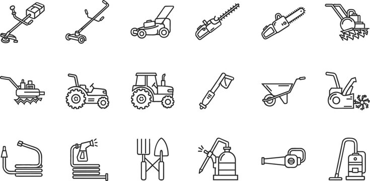 Garden and Landscaping Equipment Line Icons Set Featuring Lawn Mower Tractor Chainsaw and Outdoor Power Tools Vector Collection