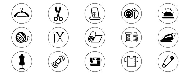 Sewing and tailoring line icons set: machine, mannequin, clothing, and tools