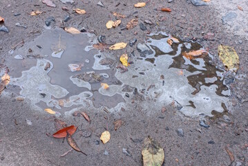 white soapy foam in gray dirty water in a puddle on the ground outside