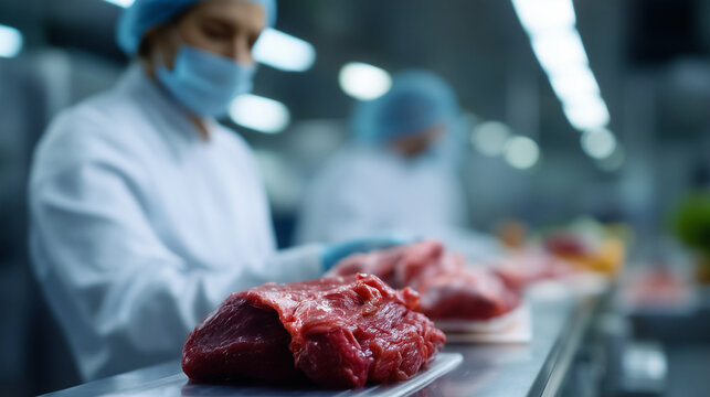 Workers in protective clothing processing raw meat in food production facility, industrial meat processing scene, hygiene control, food safety, manufacturing and quality assurance concept