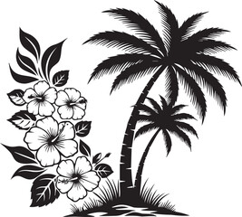 Fototapeta premium Tropical palm trees with hibiscus flowers and leaves silhouette exotic island paradise landscape illustration for summer design