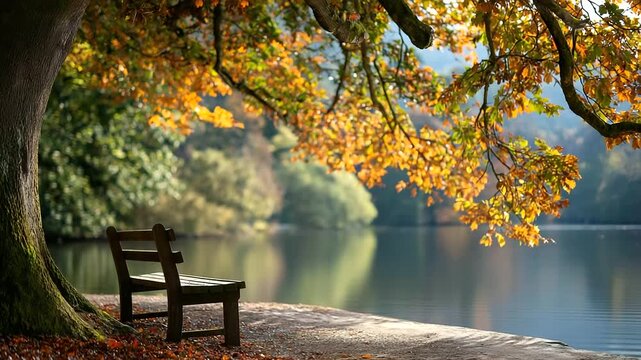 Peaceful lakeside scene with empty wooden bench surrounded by vibrant autumn leaves and trees reflecting in calm water, seasonal tranquility, with copy space