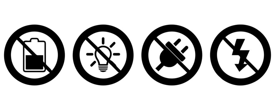 Set of no electricity signs. no lightning symbol, ban. blackout icons, power outage, bright warning .Vector illustration . Eps 10