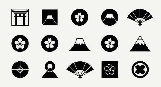 Japanese Icons: Mt Fuji, Torii Gate, Cherry Blossom, Fan, Geometric Patterns