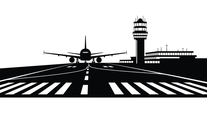 A black and white depiction of an airplane facing an airport control tower and terminal silhouette high quality professional detailed modern