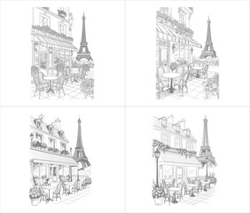 four elegant hand drawn parisian cafe scenes featuring eiffel tower views and terrace bistro sketches with line art design vector illustration artwork © RNDM Stock Files