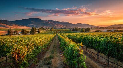 Fototapeta premium Lush vineyard rows stretching towards mountains under a colorful sunset sky