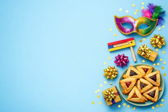 Purim celebration flat lay with hamantaschen and mask Keywords: purim, holiday, celebration