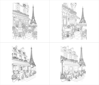 four elegant hand drawn parisian cafe scenes featuring eiffel tower views and terrace bistro sketches with line art design vector illustration artwork